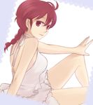  1girl braid dress frilled_dress frills genderswap open_back ranma-chan ranma_1/2 red_eyes red_hair saotome_ranma shie_(jackmarumaru) single_braid sitting smile solo white_dress 