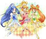  aida_mana argyle argyle_background arm_warmers bare_legs blonde_hair blue_bow blue_eyes blue_hair boots bow bracelet brown_eyes brown_hair choker cure_diamond cure_heart cure_rosetta curly_hair dokidoki!_precure double_bun dress flower full_body green_choker hair_flower hair_ornament half_updo heart heart_hair_ornament hishikawa_rikka jewelry knee_boots long_hair magical_girl meguru152 multiple_girls pink_bow pink_eyes pink_footwear pink_sleeves ponytail precure rainbow_background ribbon shoes skirt smile twintails wrist_cuffs yotsuba_alice 