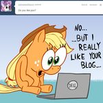  ask_jappleack ask_sweetiepoo blonde_hair computer cowboy_hat dell dialog english_text equine female feral friendship_is_magic grass green_eyes hair hat horse hotdiggedydemon laptop mammal mane my_little_pony pony ponytail sweetie_belle_(mlp) sweetie_belle_(mlp_ sweetiepoo text tumblr 