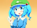  blue_eyes blue_hair blush collagen gradient gradient_background hair_ornament hat kawashiro_nitori looking_at_viewer open_mouth orange_background short_hair simple_background smile solo sweatdrop touhou two_side_up waving 
