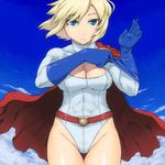 adjusting_clothes adjusting_gloves belt blonde_hair blue_eyes blue_gloves blue_sky breasts cape cleavage cloud day dc_comics gloves large_breasts power_girl short_hair sky smile solo thigh_gap tsukudani_(coke-buta) wind 