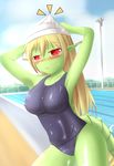  :c adjusting_clothes adjusting_hat armpits blonde_hair blush breasts covered_nipples dragon_girl dragon_tail green_skin hat large_breasts long_hair monster_girl one-piece_swimsuit original pointy_ears pool red_eyes ryuujin_no_senpai scales school_swimsuit shiny shiny_clothes solo swimsuit tail toki_(tokinokogiri) 