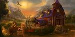  applejack_(mlp) blonde_hair canine cart cowboy_hat cub cutie_mark detailed_background devinian dog duo equine female feral friendship_is_magic green_eyes hair hat horse house mammal my_little_pony outside pony red_hair sibling sisters sky sun sunset sweet_apple_acres tree winona_(mlp) young 