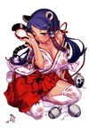 ;p absurdres animal_ears bare_shoulders blue_hair bracelet breasts brown_eyes cleavage collarbone hair_ribbon hakama highres huge_filesize japanese_clothes jewelry kei_jiei large_breasts long_hair low_twintails miko off_shoulder one_eye_closed original red_hakama ribbon scan sitting solo tail thighhighs tiger_ears tiger_tail tongue tongue_out twintails wet wet_clothes white_legwear yokozuwari 