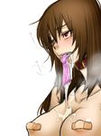  bandaid bandaids_on_nipples blush breasts brown_hair collar condom condom_in_mouth cum cum_on_body cum_on_breasts cum_on_upper_body cumdrip dazed half-closed_eyes heavy_breathing large_breasts long_hair mouth_hold nude original pasties red_eyes sengoku_kyouhime shindou_l solo used_condom 