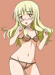  :o blonde_hair blush bra breasts cleavage glasses long_hair navel orange_eyes panties perrine_h_clostermann red_background simple_background small_breasts solo strike_witches tokiani underwear underwear_only world_witches_series 
