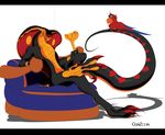  aladdin avian bird chair claws cobra cushion disney gunzcon hindpaw iago jafar looking_at_viewer parrot paws plain_background polearm reclining reptile scalie snake staff white_background 