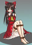  ascot bare_legs bdsm bondage bound bound_ankles bound_arms bound_calves bound_feet bound_legs bound_thighs bound_toes bow brown_eyes brown_hair detached_sleeves dress gag gagged hair_bow hair_tubes hakurei_reimu improvised_gag japanese_clothes jitan777 long_hair miko red_dress rope simple_background sitting solo tape tape_gag toes touhou 