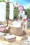  alternate_hairstyle animal_ears bad_id bad_pixiv_id bed_sheet black_panties bunny_ears bunny_tail hair_ribbon laundry laundry_basket long_hair moss_(sphere211) panties ponytail purple_hair red_eyes reisen_udongein_inaba ribbon skirt sleeves_pushed_up solo tail touhou underwear white_legwear 