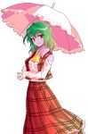  alphes_(style) ascot bad_id bad_pixiv_id breasts dairi green_hair holding kazami_yuuka long_sleeves looking_at_viewer medium_breasts open_clothes open_vest parody red_eyes shadow shirt short_hair skirt solo style_parody touhou transparent_background umbrella vest 