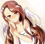  angel_wings bare_shoulders brown_hair dutch_angle foro_(planet_cage) hairband hand_on_another's_cheek hand_on_another's_face idolmaster idolmaster_(classic) long_hair looking_at_viewer minase_iori out_of_frame pink_eyes pov pov_hands simple_background smile solo_focus tears wings 