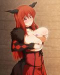  1girl breast_squeeze breasts breasts_outside covering covering_breasts demon_girl female horns huge_breasts long_hair maou_(maoyuu) maoyuu_maou_yuusha ponpo red_eyes red_hair solo standing standing\r\n tatto tattoo 