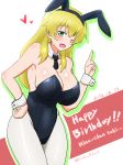  1girl absurdres animal_ears armpits birthday blonde_hair blush breasts bunny_ears bunnysuit carpaccio cleavage cube_(huidama) girls_und_panzer green_eyes groin hand_on_hip heart highres index_finger_raised large_breasts leotard looking_at_viewer one_eye_closed open_mouth pantyhose simple_background smile solo white_background white_legwear 