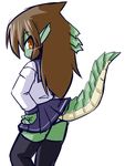  ass asuka_tsubasa black_legwear brown_hair dragon_girl dragon_tail from_behind green_skin hand_on_hip long_hair monster_girl orange_eyes original panties pantyshot pantyshot_(standing) pleated_skirt pointy_ears ryuujin_no_senpai scales school_uniform serafuku skirt solo standing tail thighhighs underwear white_panties 