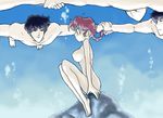  1boy 1girl black_hair braid breasts bubble genderswap hand_holding highres kunou_tatewaki legs_folded multiple_boys nude ohanabana profile ranma-chan ranma_1/2 red_hair rock saotome_ranma single_braid sitting underwater water 