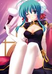  ;p absurdres breasts china_dress chinese_clothes cleavage cleavage_cutout curtains double_bun dress elbow_gloves fan gloves green_eyes green_hair highres medium_breasts one_eye_closed r_g_b shiki_midori sitting suzuhira_hiro thighhighs tongue tongue_out white_legwear window 