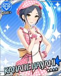  \m/ bangs bare_shoulders beret black_hair blue_background bow card_(medium) character_name diamond_(symbol) dress earrings frills hand_on_hip hat hayami_kanade heart idolmaster idolmaster_cinderella_girls jewelry jpeg_artifacts light_smile looking_at_viewer official_art parted_bangs plaid plaid_dress plaid_hat short_hair sleeveless sleeveless_dress solo wristband yellow_eyes 