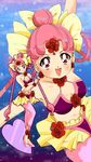  amazons_quartet bikini_top bindi bishoujo_senshi_sailor_moon blue_background bow cerecere_(sailor_moon) dual_persona flower hair_bow hair_bun hair_flower hair_ornament hair_rings heart highres long_hair midriff mikiky navel pink_hair pink_legwear red_eyes red_flower red_rose rose sandals skirt smile sparkle twintails yellow_bow yellow_skirt 