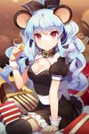  animal_ears arm_cuffs arm_support black_legwear blue_hair bow breasts candy cheese cleavage clenched_hand collar dress food frilled_dress frills garter_straps gift gilse hair_bow holding layered_dress leg_up linus_falco long_hair lowres medium_breasts mouse_ears mouse_tail ponytail puffy_sleeves red_eyes ribbon smile solo striped sword_girls tail thighhighs very_long_hair wavy_hair 