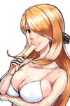  :&gt;= blonde_hair breasts bule cleavage food hair_ornament hair_over_one_eye highres large_breasts long_hair pokemon popsicle sexually_suggestive shirona_(pokemon) solo 