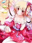  bare_shoulders blonde_hair breasts cleavage crystal dress flandre_scarlet nagii_yuki no_hat no_headwear open_mouth red_eyes ribbon sash short_hair side_ponytail sitting small_breasts solo tears thighhighs touhou white_legwear wings 