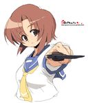  brown_eyes brown_hair gangsta_hold hatchet higurashi_no_naku_koro_ni nose_hatchet onija_tarou ryuuguu_rena school_uniform serafuku short_hair solo 