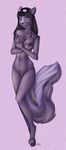  black_hair blue_eyes covering covering_breasts covering_self digitigrade eyewear female fluffy_tail fur glasses hair hand_bra hindpaw looking_at_viewer mammal maxxmissions nude paws plain_background purple_fur pussy skunk solo standing toes 