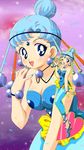  amazons_quartet bishoujo_senshi_sailor_moon blue_eyes blue_hair blue_legwear blue_leotard bracelet breasts cleavage dual_persona hair_bun heart highres jewelry leotard light_blue_hair medium_breasts mikiky necklace pallapalla_(sailor_moon) purple_background sandals short_hair smile sparkle 