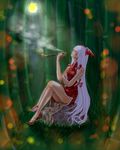  bad_id bad_pixiv_id bamboo bamboo_forest bare_legs blurry bokeh chinese_clothes crossed_legs depth_of_field dress forest fujiwara_no_mokou full_moon grass long_hair moon nature night pipe red_footwear red_skirt shoes short_dress side_slit sijima sitting skirt smoke smoking solo touhou very_long_hair 