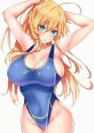  1girl ahoge artoria_pendragon_(all) artoria_pendragon_(lancer) bangs bare_shoulders blue_swimsuit blush breasts cleavage closed_mouth collarbone covered_navel fate/grand_order fate_(series) green_eyes hair_between_eyes hands_in_hair highleg highleg_swimsuit highres hip_focus large_breasts long_hair looking_at_viewer mouth_hold one-piece_swimsuit sankakusui shiny shiny_hair sidelocks simple_background smile solo swimsuit tying_hair white_background 