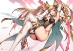  1girl animal_ears armpits arms_up ass bangs blonde_hair bracelet breasts breasts_apart brown_eyes cape detached_collar detached_sleeves dual_wielding erune granblue_fantasy hair_ornament high_heels highres holding holding_sword holding_weapon jewelry legs_crossed leotard long_hair looking_to_the_side medium_breasts metera_(granblue_fantasy) mole mole_under_mouth oopartz_yang open_mouth patreon_username solo strapless swept_bangs sword thighhighs twintails watermark weapon web_address white_legwear 
