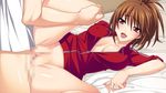  1girl bed blush bottomless brown_haie censored cgi cleavage clothed clothed_sex clothing female half-dressed jun&#039;ai_leg lift male open_mouth penetration sex straight tsujidou-san vaginal vaginal_penetration 