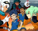  blue_hair brown_hair fei_rune garo_(inazuma_eleven) gloves goggles goggles_on_head green_hair grin inazuma_eleven_(series) inazuma_eleven_go inazuma_eleven_go_chrono_stone lightning_bolt long_hair male_focus mizuhara_aki multiple_boys nishiki_ryouma open_mouth purple_eyes raimon red_eyes saryuu_evan smile soccer_uniform sportswear tsurugi_kyousuke white_hair zanak_abalonic 