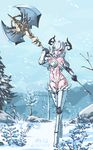 2013 armor axe battle_axe bikini bikini_armor blue_hair boots breasts castanic_(tera) cold crossed_legs dated elbow_gloves gloves hair_over_one_eye highleg highleg_panties highres horns huge_weapon ice junkpuyo medium_breasts panties pauldrons pointy_ears short_hair skindentation snow solo standing swimsuit tera_online thigh_boots thighhighs underwear vambraces weapon white_hair winter 