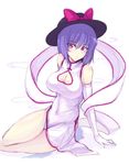 alternate_costume blush breasts china_dress chinese_clothes cleavage cleavage_cutout covered_navel dress elbow_gloves gloves hat large_breasts looking_at_viewer nagae_iku purple_eyes purple_hair shawl short_hair simple_background solo touhou touya_(the-moon) white_gloves 