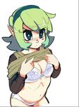  &gt;:( blue_eyes blush bra breasts cleavage dress dress_lift frown green_hair hairband navel panties pointy_ears saria sho-n-d short_hair small_breasts solo the_legend_of_zelda the_legend_of_zelda:_ocarina_of_time underwear undressing v-shaped_eyebrows white_bra white_panties 