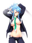  adjusting_hair areola_slip areolae arms_up blue_hair breasts busou_shinki doll_joints elf large_breasts long_hair midriff miss_black mouth_hold necktie nipples open_clothes open_shirt pointy_ears proxima red_eyes shirt slender_waist solo 