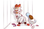  2019 anal_beads anthro ball_gag bdsm blush bondage bound digital_media_(artwork) dildo disembodied_hand fur gag gagged lagomorph mammal nintendo nude pok&eacute;mon pok&eacute;mon_(species) scorbunny sex_toy simple_background solo vibrator video_games white_fur 