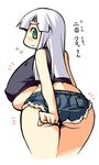  1girl ass breasts denim erect_nipples female from_behind gigantic_breasts green_eyes huge_ass jeans looking_back lowres midriff shorts silver_hair simple_background solo thighs translation_request underboob ushi white_background wide_hips 