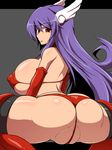  1girl ass bikini breasts erect_nipples fat_mons female from_behind huge_ass huge_breasts konami_lady konami_wai_wai_world long_hair looking_back micro_bikini purple_hair pussy_peek red_bikini red_eyes regls sideboob solo spread_legs squatting swimsuit thighhighs uncensored wings 