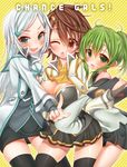  3girls ahoge bare_shoulders black_legwear blush border_break break_chance_girl_(border_break) breasts brown_eyes brown_hair character_name class_chance_girl_(border_break) cleavage double_chance_girl_(border_break) english fang female green_eyes green_hair grey_eyes grey_hair hair_ornament hairclip highres inuue_kiyu jacket large_breasts long_hair multiple_girls necktie off_shoulder open_mouth oversized_clothes payot short_hair short_twintails sidelocks simple_background skirt sleeves_past_wrists smile socks solo standing thighhighs twintails white_background wink zettai_ryouiki 