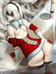  1girl absurdres artist_name bent_over black_blindfold black_hairband blindfold christmas gloves hair_ornament hairband hand_on_own_ass highres looking_back nier_(series) nier_automata open_mouth red_gloves robot santa_costume short_hair snow vilde_loh_hocen white_hair yorha_no._2_type_b 