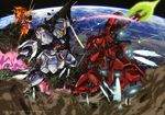  absurdres asteroid axe battle beam_saber char's_counterattack dust earth energy_sword epic explosion gundam highres mecha no_humans nu_gundam official_art oldschool promotional_art realistic sazabi science_fiction space spoilers sword teraoka_iwao traditional_media weapon 