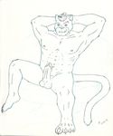  anthro balls cat chair claws erection fangs father feline gay grin hair hairy hands_behind_head invalid_tag male mammal muscles nipples nude parent penis plain_background short_hair sitting sketch solo spread_legs spreading stocky traditional_media white_background 