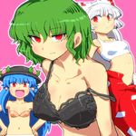  adhesive_bra blue_hair bra breasts cleavage collarbone fujiwara_no_mokou gomi_ichigo green_hair hands_on_hips hat highres hinanawi_tenshi kazami_yuuka large_breasts long_hair multiple_girls navel no_shirt open_mouth red_eyes short_hair simple_background sports_bra strap_slip touhou underwear white_hair 