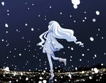  abe_kanari cityscape cloak long_hair night night_sky on_top_of_pole original sky snow snowing solo thighhighs tiptoes very_long_hair white_hair zettai_ryouiki 