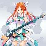  bad_id bad_pixiv_id brown_eyes detached_sleeves guitar hao_(patinnko) highres honeycomb_(pattern) honeycomb_background idol instrument miraselia orange_eyes orange_hair phantasy_star phantasy_star_online_2 quna_(pso2) red_hair simple_background solo thighhighs 