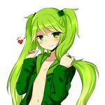  collarbone creeparka creeper flat_chest green_eyes green_hair heart long_hair minecraft navel open_clothes personification simple_background smile solo twintails white_background zaxwu 