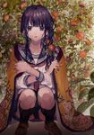  black_eyes black_hair blanket blush flower long_hair looking_at_viewer open_mouth original rain school_uniform serafuku skirt solo squatting tsukioka_tsukiho wet 