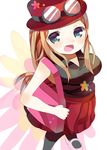  1girl bare_shoulders blue_eyes breasts brown_hair fang female_protagonist_(pokemon_xy) goggles hat long_hair pantyhose pokemon pokemon_(game) pokemon_xy serena_(pokemon) skirt 